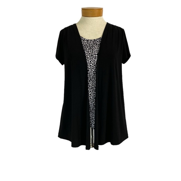 2 in 1 Short Sleeve Black Flyaway Cardigan, Attached Tank Black White Print Med - Picture 2 of 8